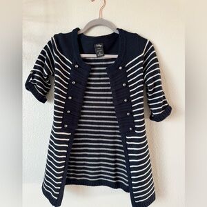 Y2K Navy & White Striped Button Knit Cardigan With Roll tab 3/4 Sleeves. Size S